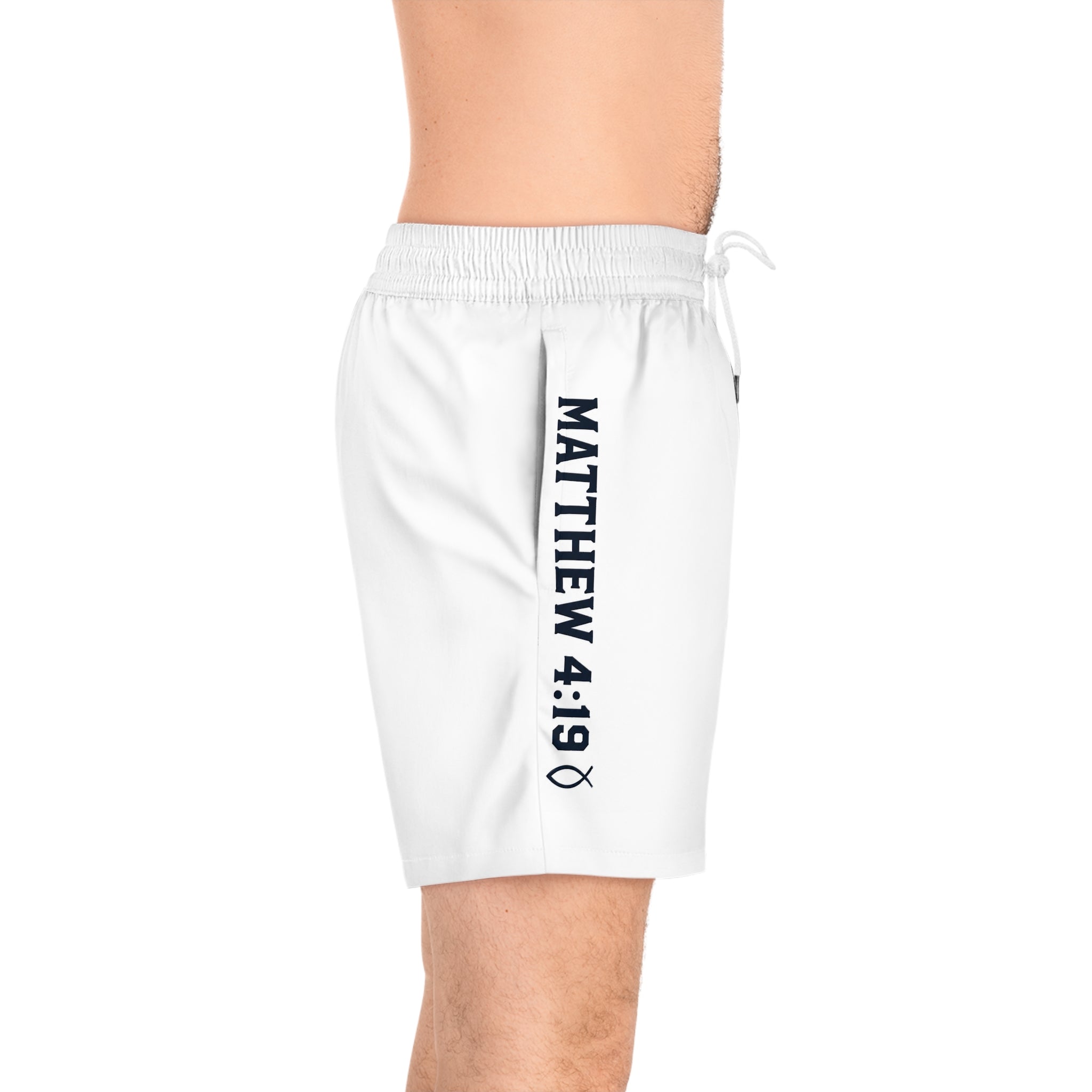 Hooked on Faith Swim Shorts — "Matthew 4:19" Christian Beach Trunks