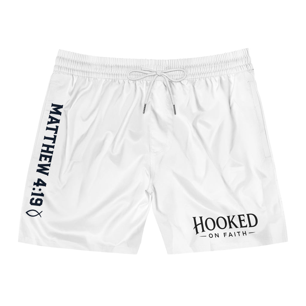 Hooked on Faith Swim Shorts — "Matthew 4:19" Christian Beach Trunks
